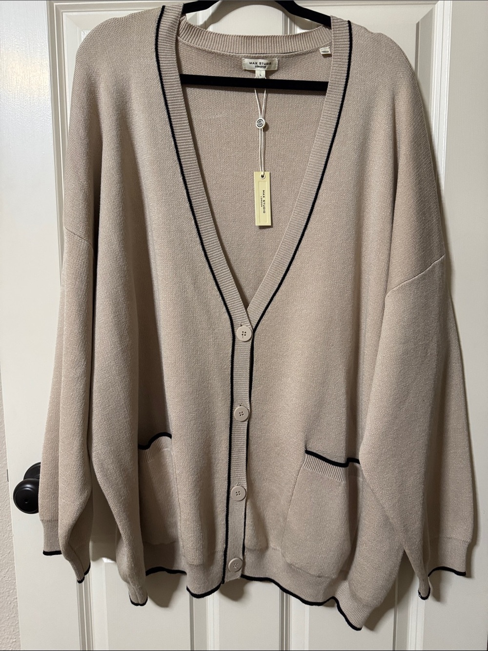 Max Studio Taupe Oversized Cardigan with Black Trim